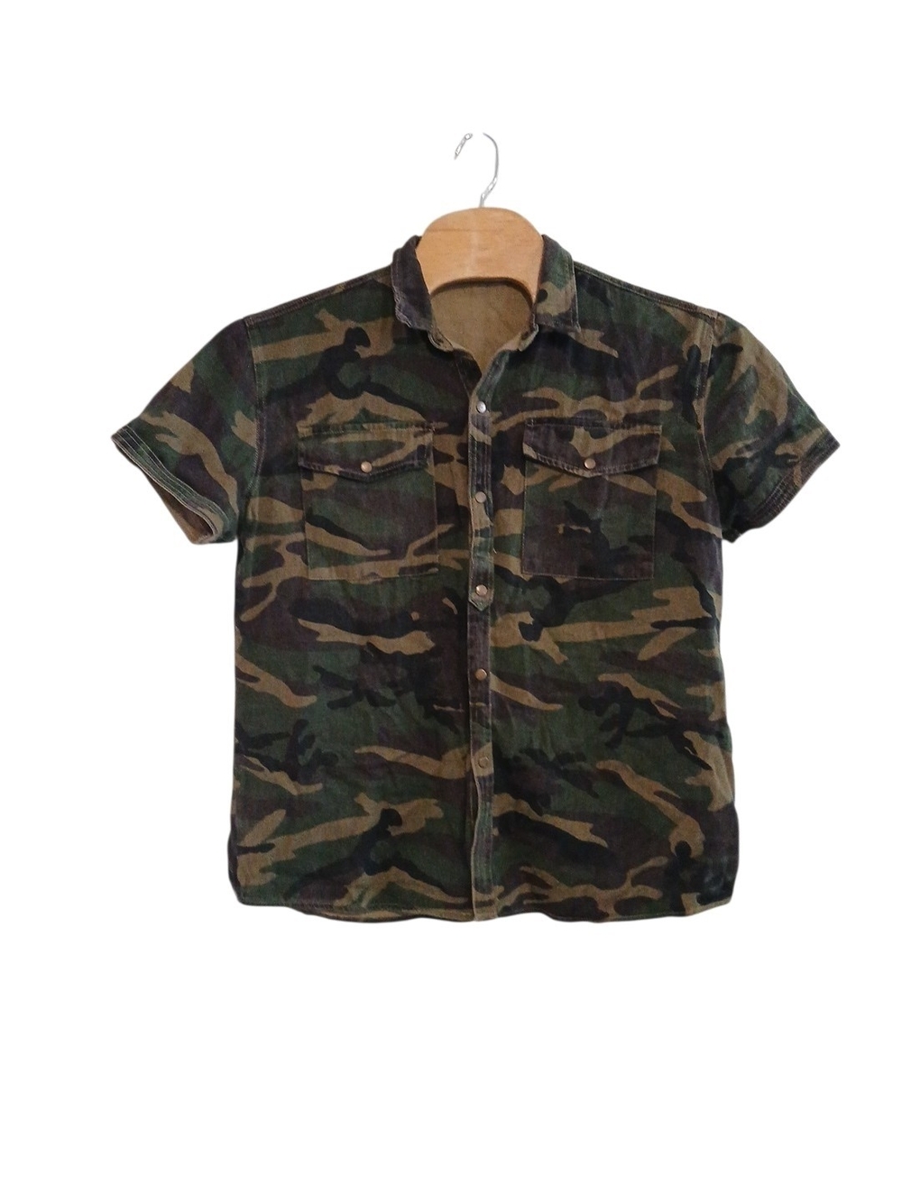 ROIWHQ Camouflage Short Sleeve Shirt With Snaps Shacket/Large
